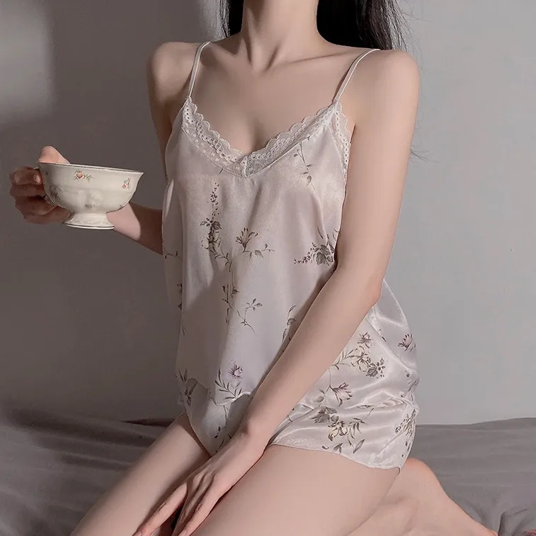 夏を楽しむ 手触り良い シルク プリント 2点セット レース 切り替え セクシー ベビードール